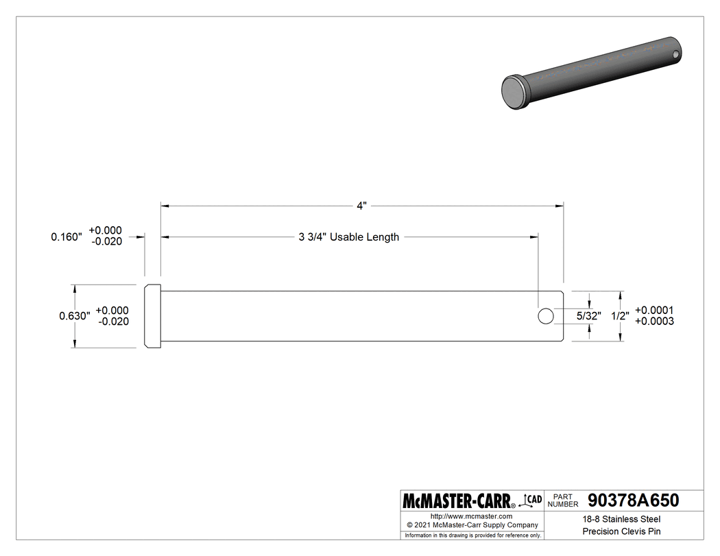 Technical Drawing of 18-8 Stainless Steel Clevis Pin, 1/2" Diameter, 3-3/4" Usable Length.